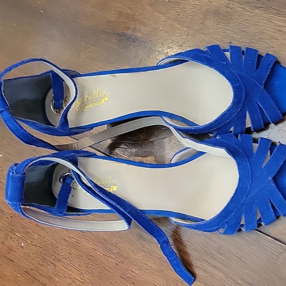 Blue suede scrappy toe ankle wrap sandals